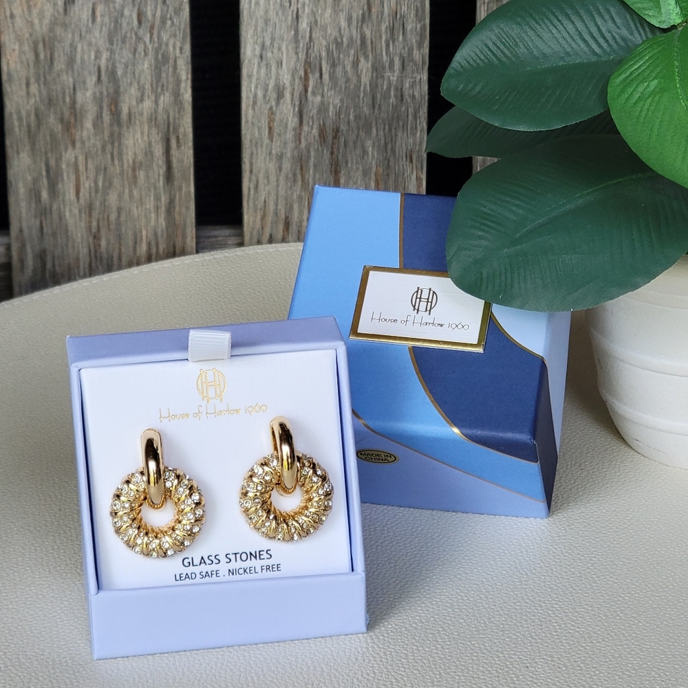 House of Harlow 1960 gold tone hoop link encrusted glass stone earrings